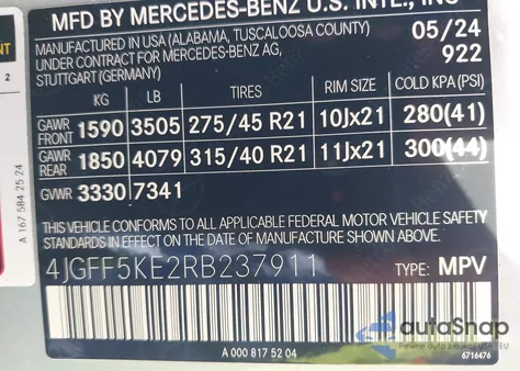 2024 Mercedes-Benz Gls 450 4Matic z USA, uszkodzony, nr VIN 4JGFF5KE2RB237911